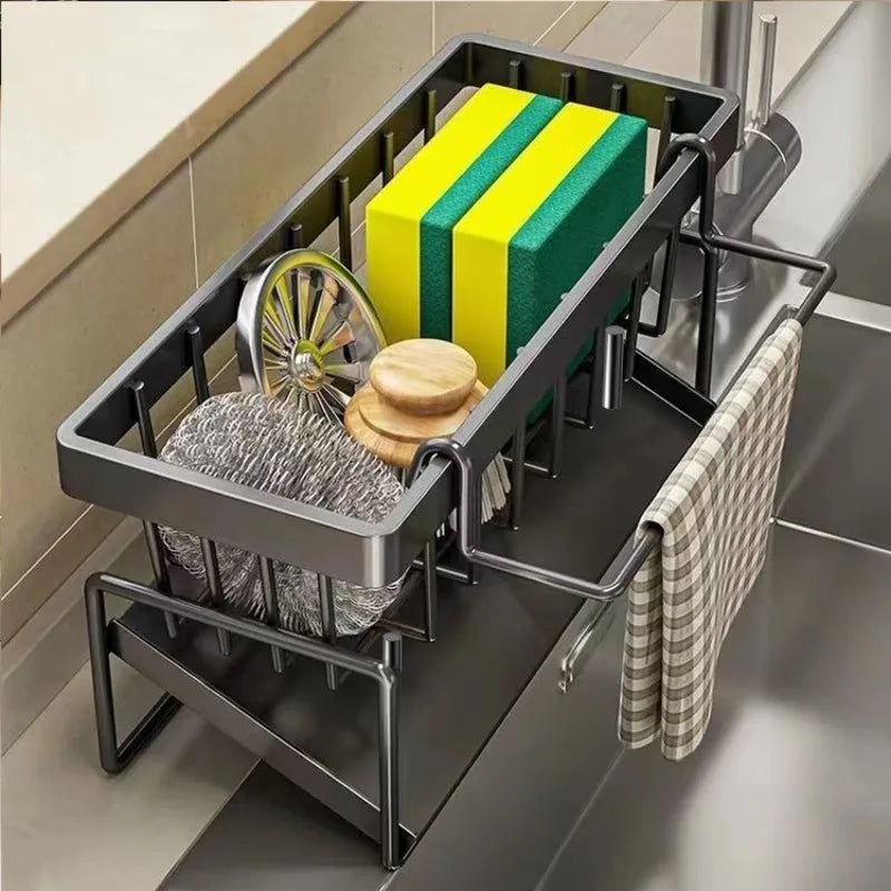 Kitchen Sink Sponge Holder & Drain Rack with Hanging Hook
