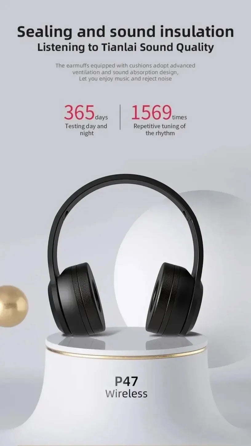 P47 Wireless Bluetooth Headphones with Mic & HiFi Bass