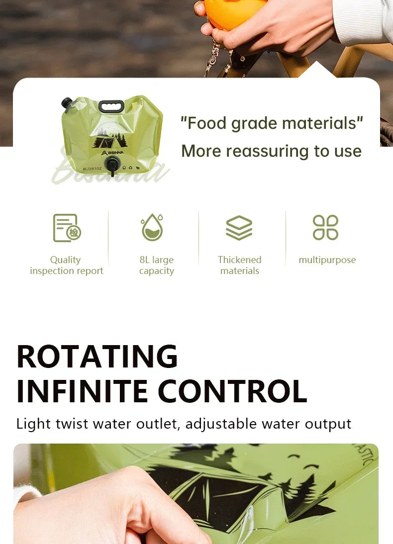 8L Foldable Food-Grade Water Storage Bag for Camping, Hiking & Travel