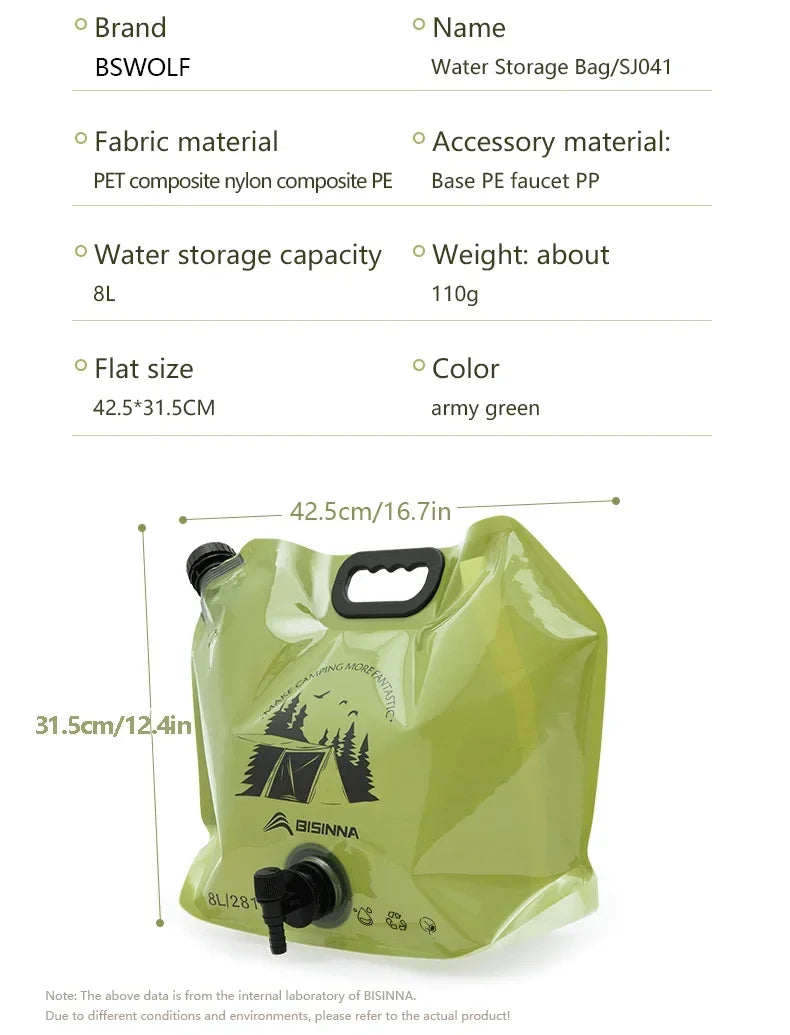 8L Foldable Food-Grade Water Storage Bag for Camping, Hiking & Travel
